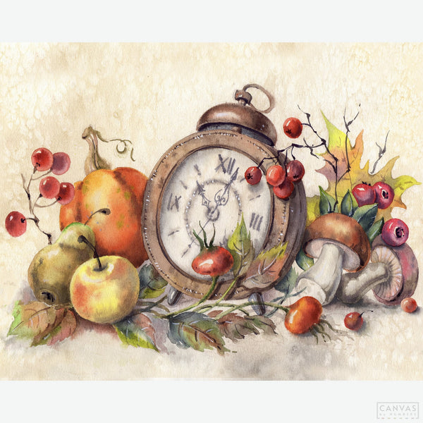 Harvest Time - Diamond Painting-Create Anna's 'Harvest Time' with our diamond painting kit. This still-life features an antique clock, fruits, mushrooms, and leaves. Perfect for all skill levels.-Canvas by Numbers