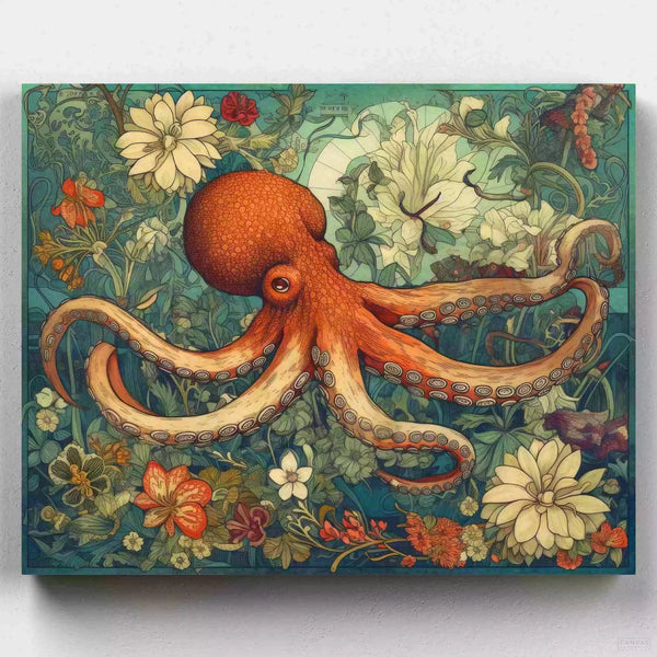 Flowery Depths - Octopus Paint by Numbers-Explore an undersea floral fantasy with 'Flowery Depths', a paint by numbers kit where an octopus and Art Nouveau-inspired blooms unite.-Canvas by Numbers
