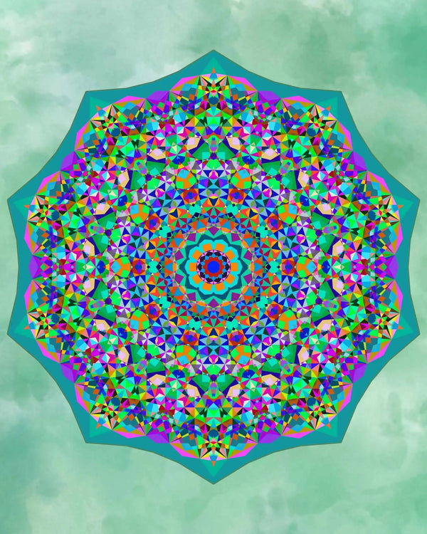 Acceptance Mandala Diamond Kit by Canvas by Numbers. A green, pink and blue kaleidoscope geometric mandala diamond painting on a green background. 
