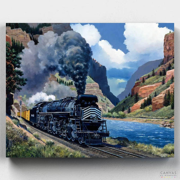 Denver and Rio Grande Western No. 3707 - Paint by Numbers-Denver and Rio Grande Western No. 3707 is a paint by numbers kit by Howard Fogg that displays a breathtaking landscape with a classic train as the main subject.-Canvas by Numbers