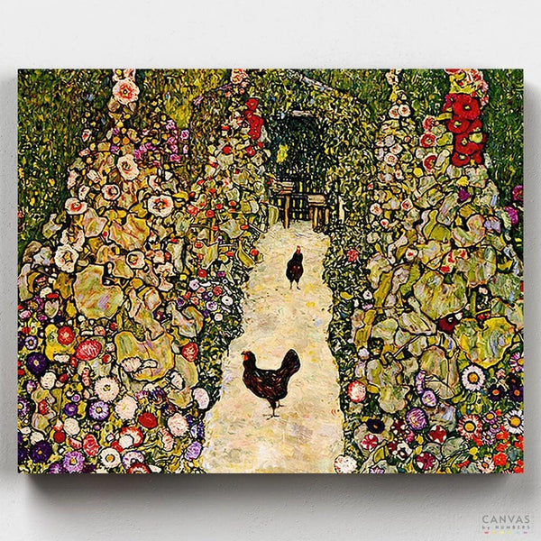 Garden Path with Chickens - Paint by Numbers-Unveil Klimt's tranquil "Garden Path with Hens" step by step with our paint by numbers kit. Experience the joy of artistic discovery with every brushstroke.-Canvas by Numbers
