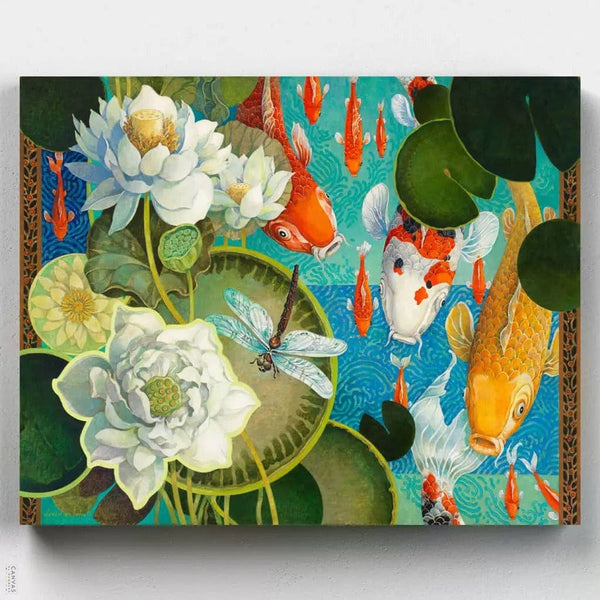 Koi Pond Painting by Numbers-Dive into the tranquility of koi pond painting with our Paint by Numbers Kit. Capture the vibrant movements of koi fish and create a stunning masterpiece.-Canvas by Numbers