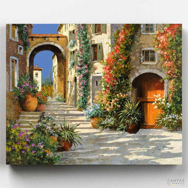 La Porta Rossa sulla Salita - Paint by Numbers-Nothing says Mediterranean charm as Guido's artwork. A captivating paint by numbers kit, showcases the charm of a red door on an ascending path.-Canvas by Numbers