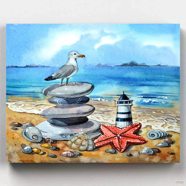 The Coast Guard - Paint by Numbers-Nothing scapes this seagull's gaze! Enjoy painting by numbers this colorful seascape by watercolor artist Anna Petunova. Only at Canvas by Numbers!-Canvas by Numbers