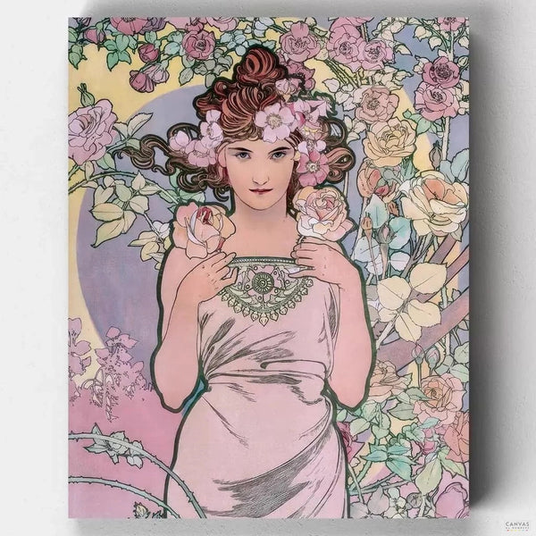 The Rose (1898) - Paint by Numbers-The paint by numbers features a young woman with long, flowing hair and delicate features, surrounded by a lush bouquet of pink roses.-Canvas by Numbers