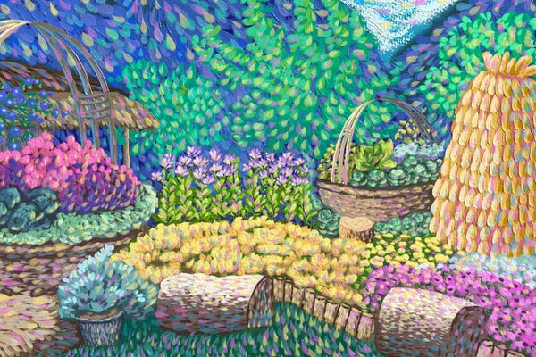A vibrant impressionist-style painting of a lush garden with colorful flowers, baskets filled with produce, and rich greenery in the background.