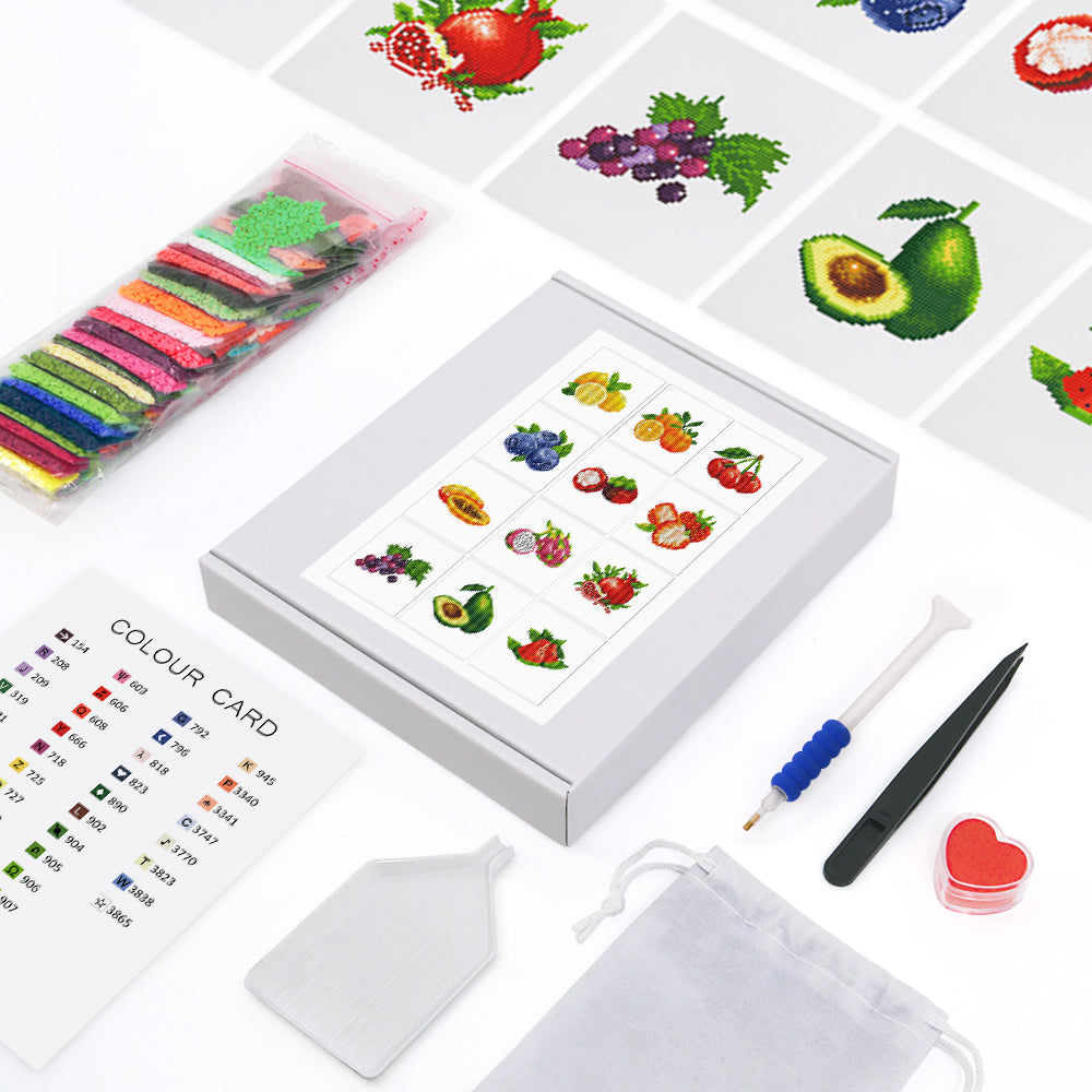 Fruits Collection - Mini Diamond Painting Kit-Enjoy the vibrant beauty of our Fruits Collection Mini Diamond Painting Kit. Craft 12 delicious fruit designs, perfect for kitchen decor or fun crafting!-Canvas by Numbers