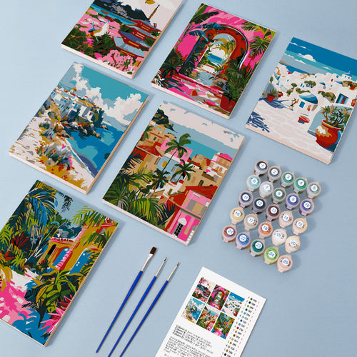 Colorful Escapes mini paint by numbers kit with acrylic paints and brushes included
