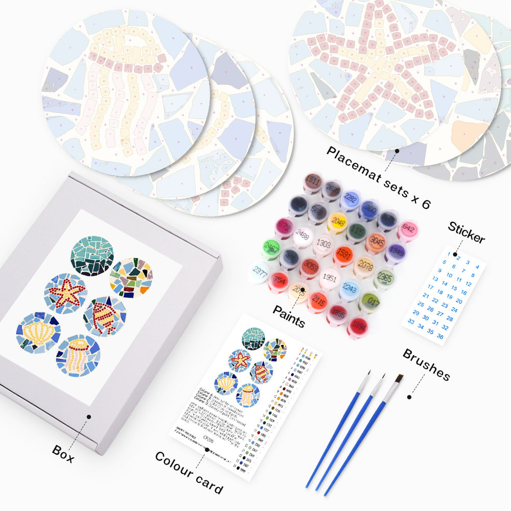 Mosaic Collection 1 - Paint by Numbers Placemats-Add a colorful touch to your table with our Mosaic Collection 1 Paint by Numbers Placemats. Featuring starfish, jellyfish, waves, and more in mosaic design.-Canvas by Numbers