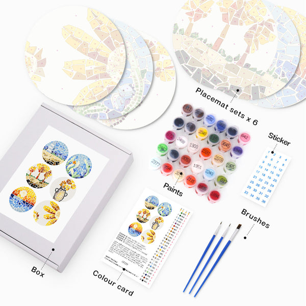 Mosaic Collection 2 - Paint by Numbers Placemats-Bring colorful mosaic art to your table with our Mosaic Paint by Numbers Placemats. Paint vibrant scenes like a vase with flowers or a beach sunset.-Canvas by Numbers