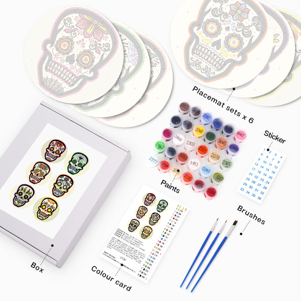 Day of the Dead Collection - Paint by Numbers Placemats-Celebrate vibrant traditions with our Day of the Dead Paint by Numbers Placemats. Adorned, colorful skulls add festive and artistic flair to your table.-Canvas by Numbers