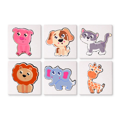 Paint by numbers mini kit for kids featuring six cute animal characters including a pig, dog, cat, lion, elephant, and giraffe.
