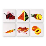 Set of six mini paint by numbers kits with illustrations of fruits and vegetables on a white background