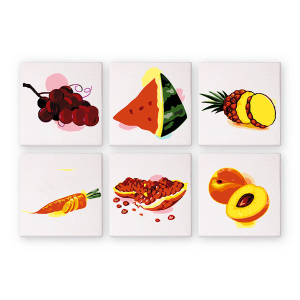 Set of six mini paint by numbers kits with illustrations of fruits and vegetables on a white background