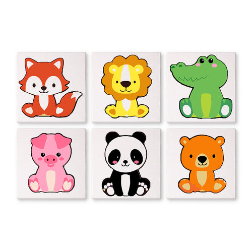 Set of six cartoon animal mini paint by numbers on white tiles with a fox, lion, crocodile, pig, panda, and bear.