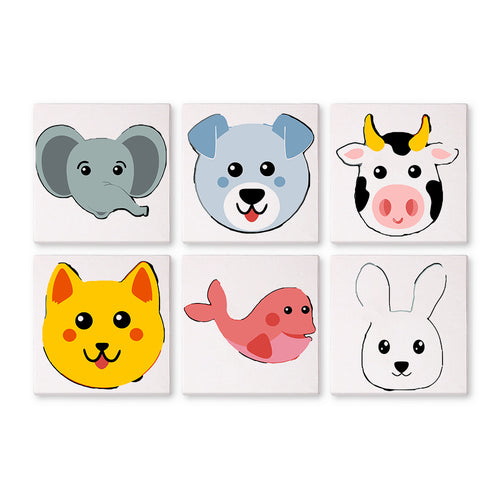 Set of six colorful animal face mini paintings on a white background