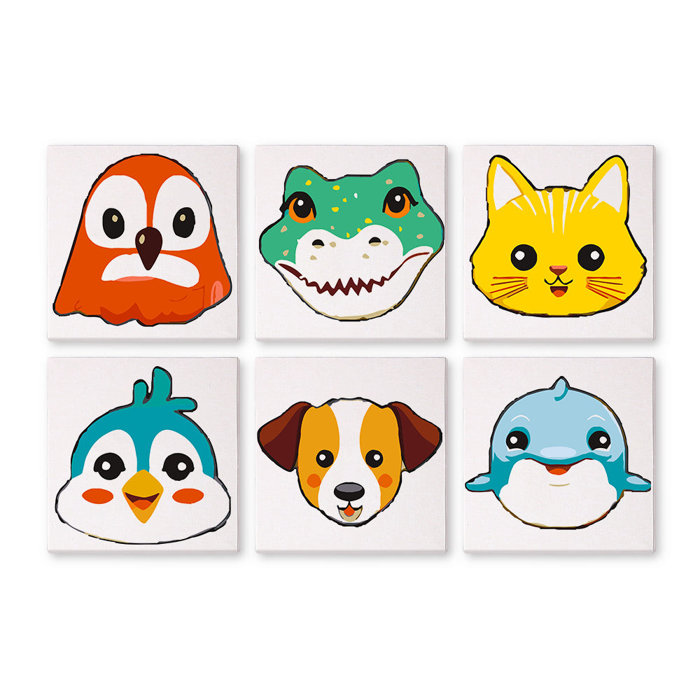 Set of six animal face mini paint by numbers kits on a white background