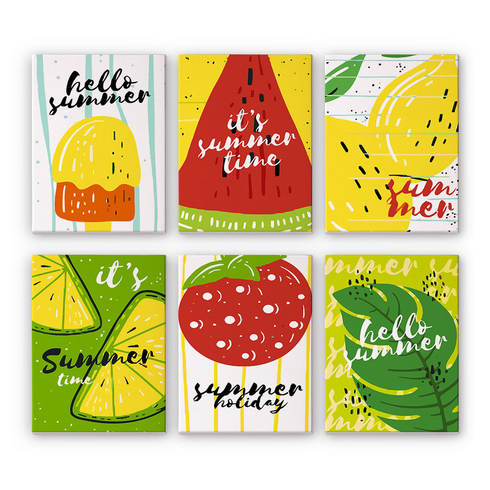 Set of six colorful summer-themed mini paint by numbers with fruit illustrations and text.