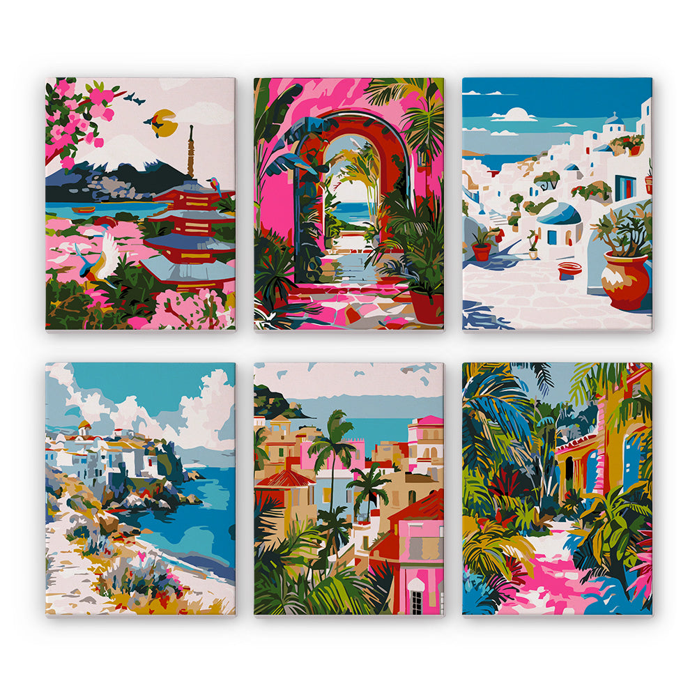 Colorful Escapes mini paint by numbers set featuring six scenic destinations.