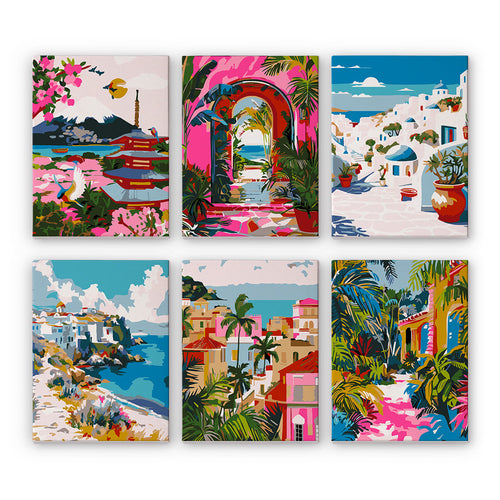 Colorful Escapes mini paint by numbers set featuring six scenic destinations.
