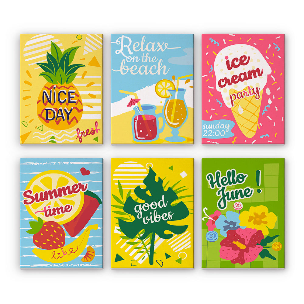 Set of six colorful mini paint by numbers kits with summer-themed designs on a white background