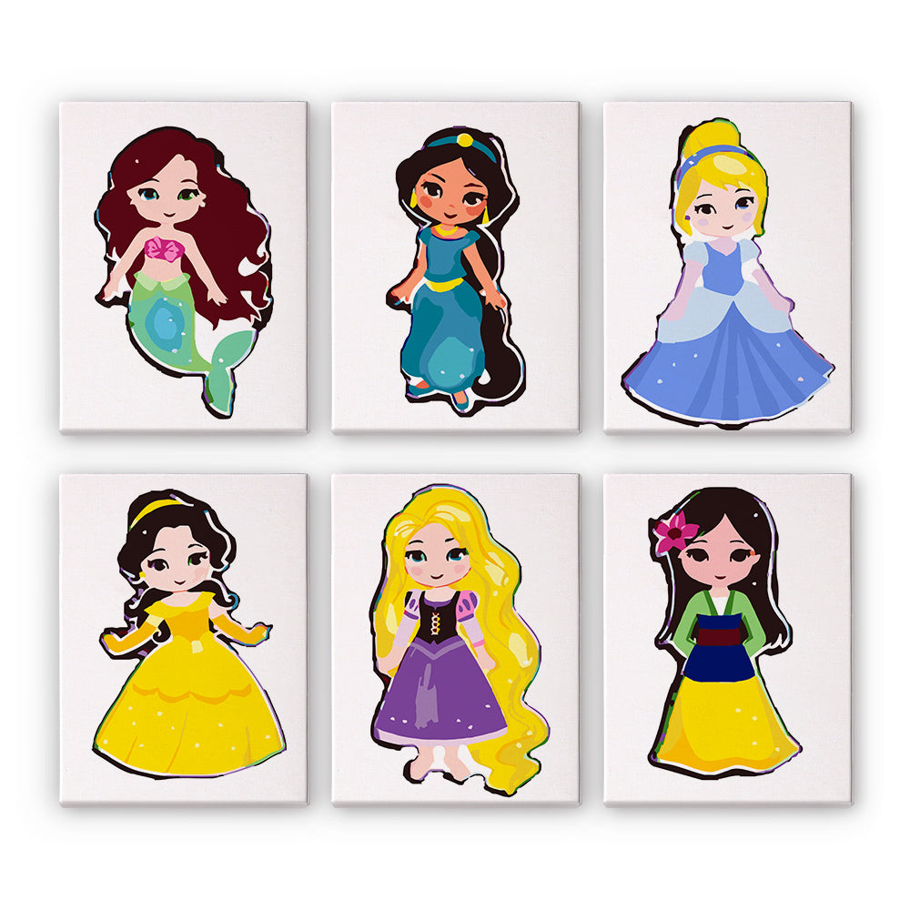 Set of six cartoon princesses on white canvas with colorful dresses.