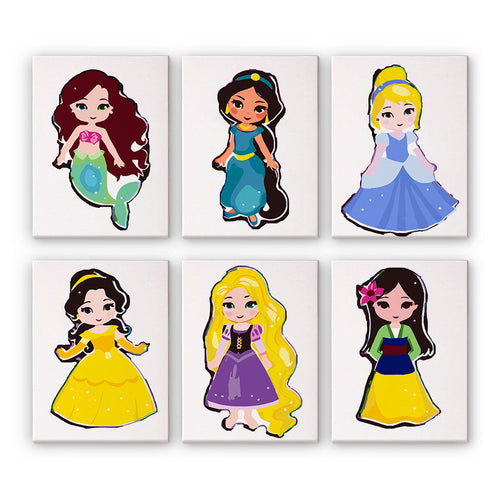 Set of six cartoon princesses on white canvas with colorful dresses.