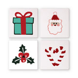 Mini paint by numbers kit with four festive Christmas icons including Santa, candy canes, holly, and a wrapped gift.