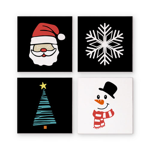 Festive Icons 2 mini paint by numbers set featuring four bold Christmas designs including Santa, a snowman, and holiday icons