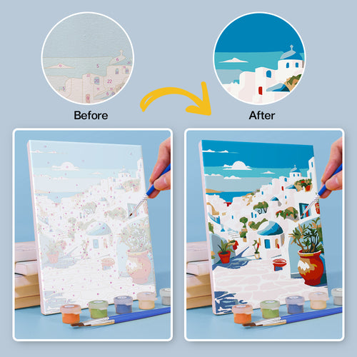 Colorful Escapes mini paint by numbers kit with acrylic paints and brushes included