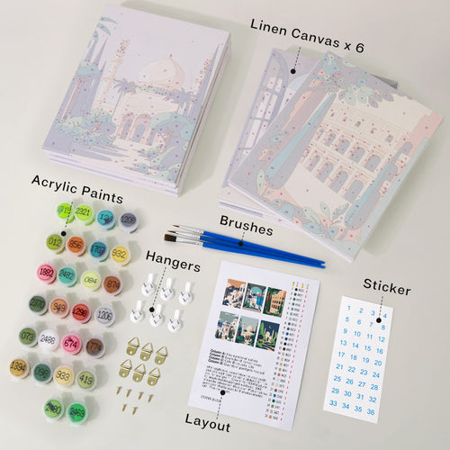 Scenic Strolls mini paint by numbers kit with acrylic paints and brushes included
