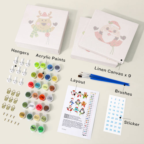 Merry Friends mini paint by numbers kit with acrylic paints and brushes included