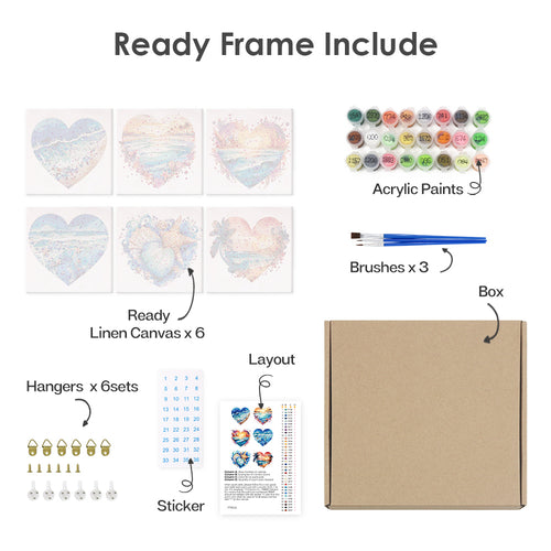 Ocean Hearts mini paint by numbers kit with acrylic paints and brushes included