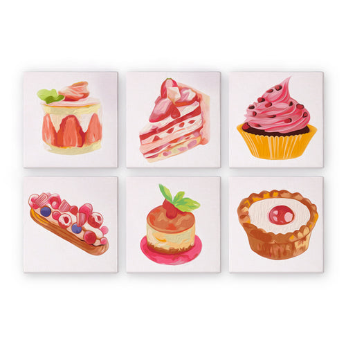 Set of six mini paint by numbers with illustrations of various desserts on a white background