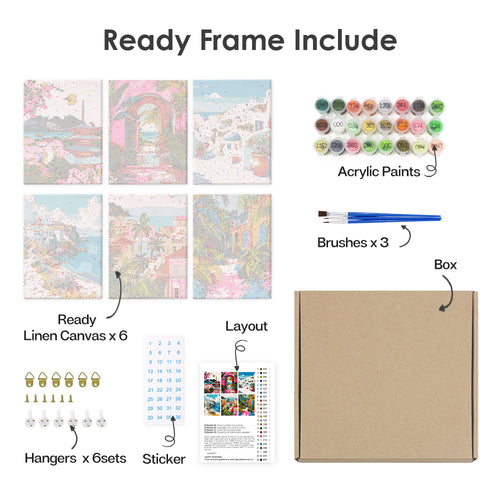 Colorful Escapes mini paint by numbers kit with acrylic paints and brushes included