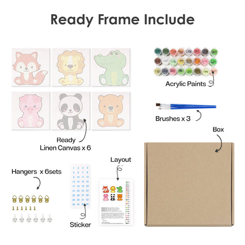 Animal Friends 3 mini paint by numbers kit with acrylic paints and brushes included
