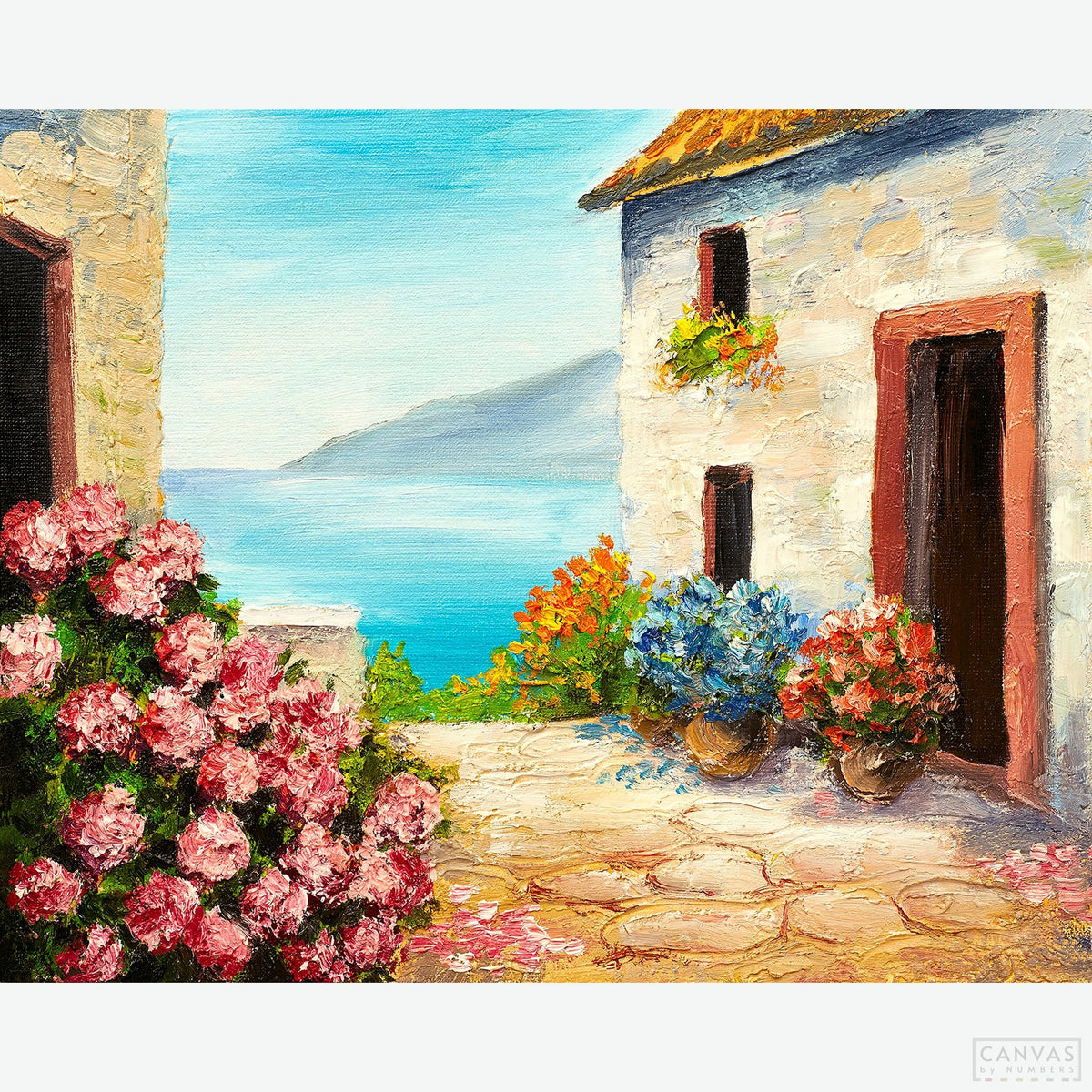 Mediterranean House - Diamond Painting - Transport yourself to the tranquil shores of the Mediterranean with our exquisite Mediterranean House Diamond Painting kit. Featuring a charming scene of houses nestled by the water, this kit offers a delightful escape into the beauty of coastal living. - Canvas by Numbers