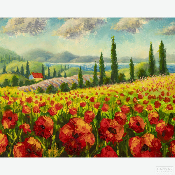 Tuscany Landscape - Diamond Painting - Boyan Dimitrov's masterpiece, the Tuscany landscape painting, captures the essence of a serene countryside adorned with vibrant poppy fields and nestled against a backdrop of majestic mountains of Italy - Canvas by Numbers