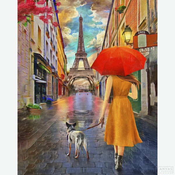 Streets of Paris - Diamond Painting - Step into the bustling streets of Paris with our captivating diamond painting featuring a young woman strolling with her loyal canine companion under a vibrant red umbrella. As they make their way towards the iconic Eiffel Tower, the scene exudes a sense of romance and adventure - Canvas by Numbers