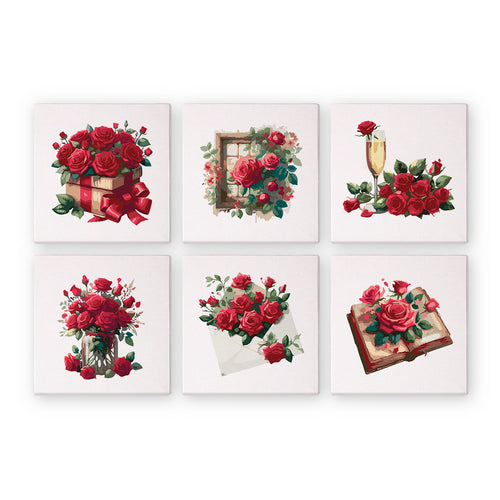 Set of six mini paint by numbers kits with red rose designs on a white background