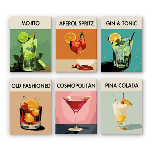 Six cocktail paint by numbers kits with names and illustrations of different cocktails on a white background.