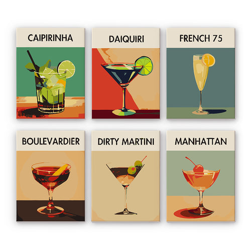 Cocktail Collection 4 mini paint by numbers set featuring six colorful cocktail illustrations