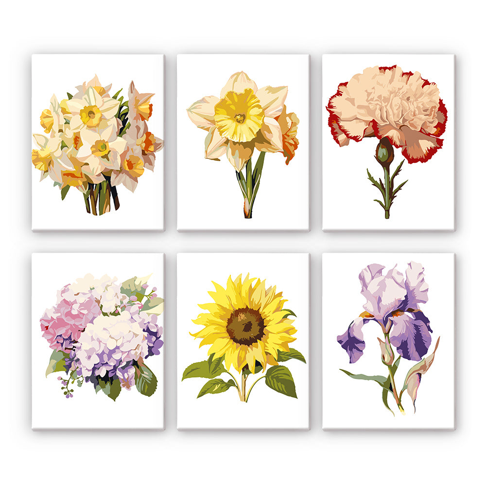 Set of six floral paint by numbers designs featuring different flowers on a white background