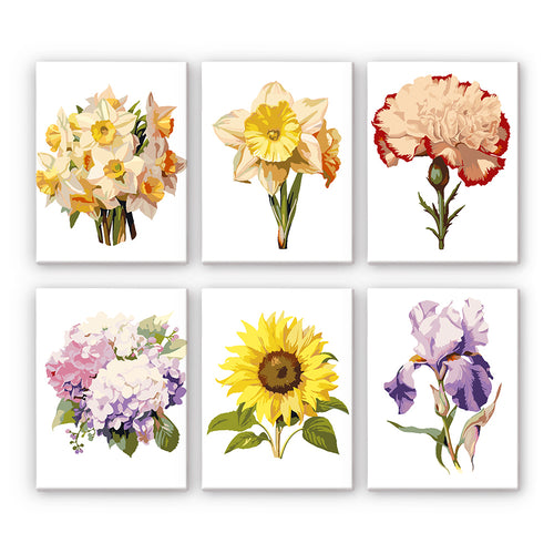 Set of six floral paint by numbers designs featuring different flowers on a white background