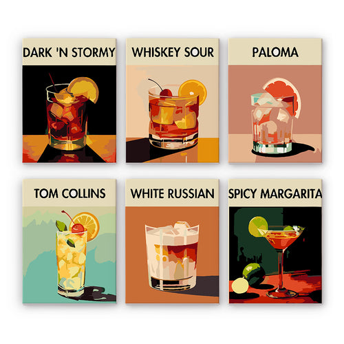 Six cocktail mini paint by numbers kits with names and illustrations of different cocktails on a white background.