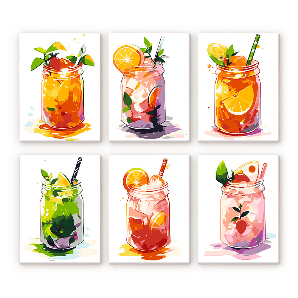 Set of six colorful illustrations of mason jars with drinks and fruits on a white background