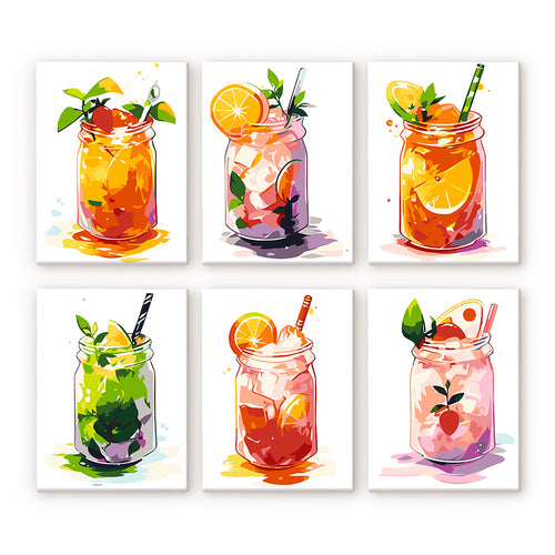 Set of six colorful illustrations of mason jars with drinks and fruits on a white background