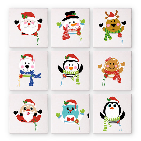 Set of nine Christmas-themed mini paint by numbers with cartoon characters on a white background