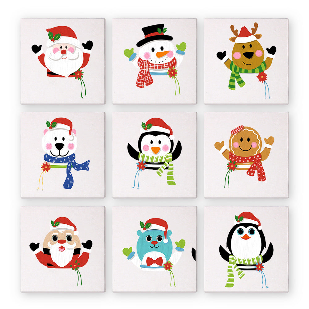 Set of nine Christmas-themed mini paint by numbers with cartoon characters on a white background