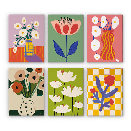 Set of six colorful floral and abstract art paint by numbers kits on a white background